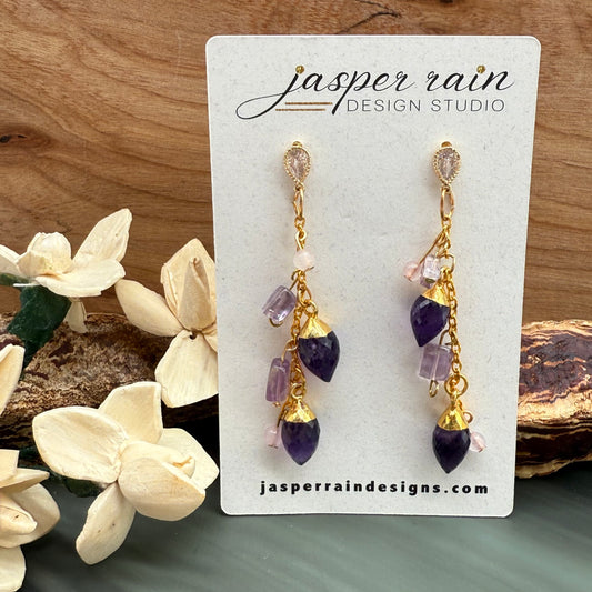 Amethyst and rose quartz dangle chain earrings