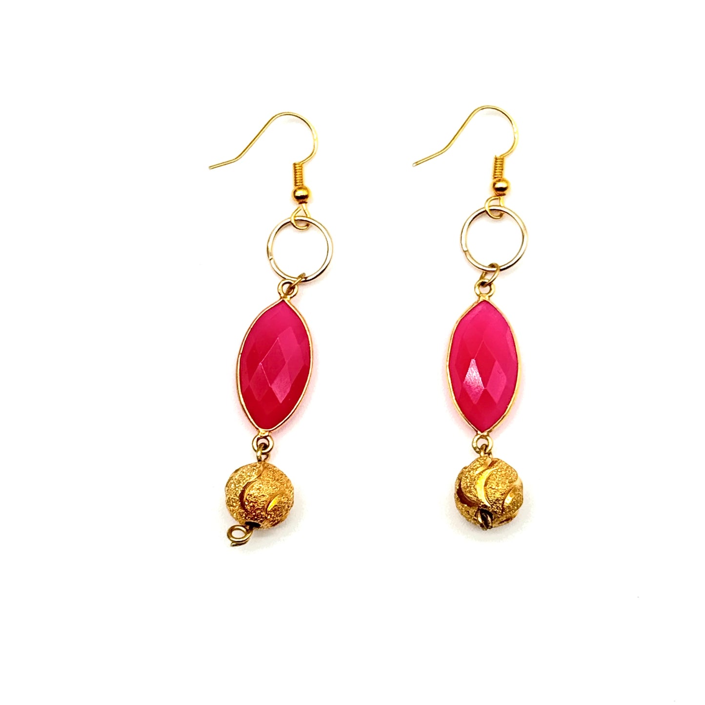 Hot Pink Chalcedony , 14K Gold bead Dangle earrings