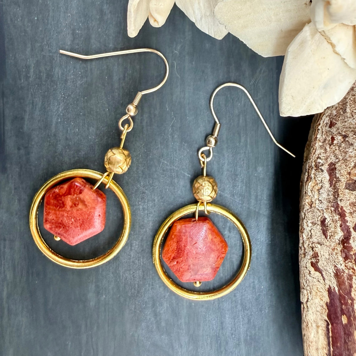 Red Jasper and Gold Hoop Dangle Earrings