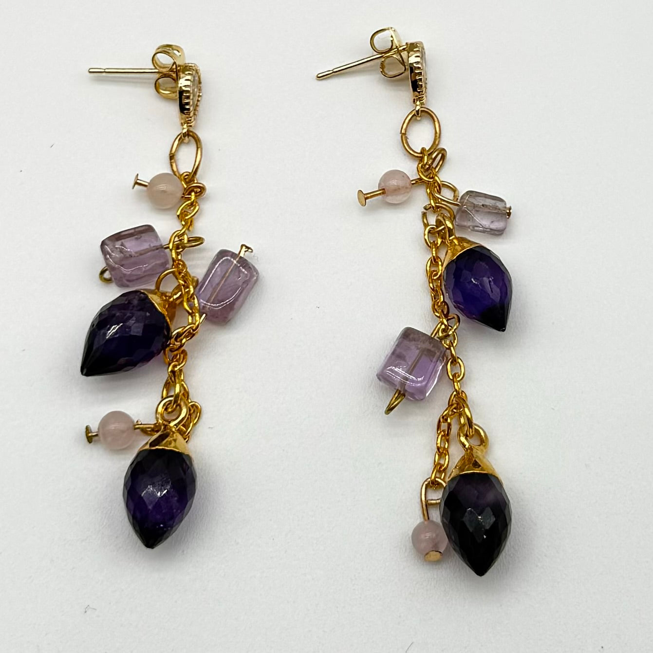 Amethyst and rose quartz dangle chain earrings