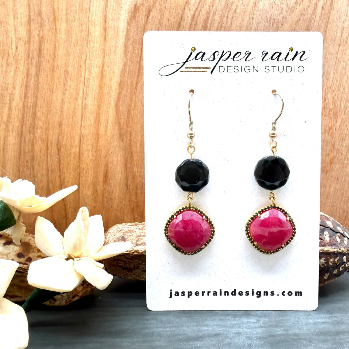 Pink Aventurine pillow Spinel Pave halo pendant and Rainbow Obsidian Earrings