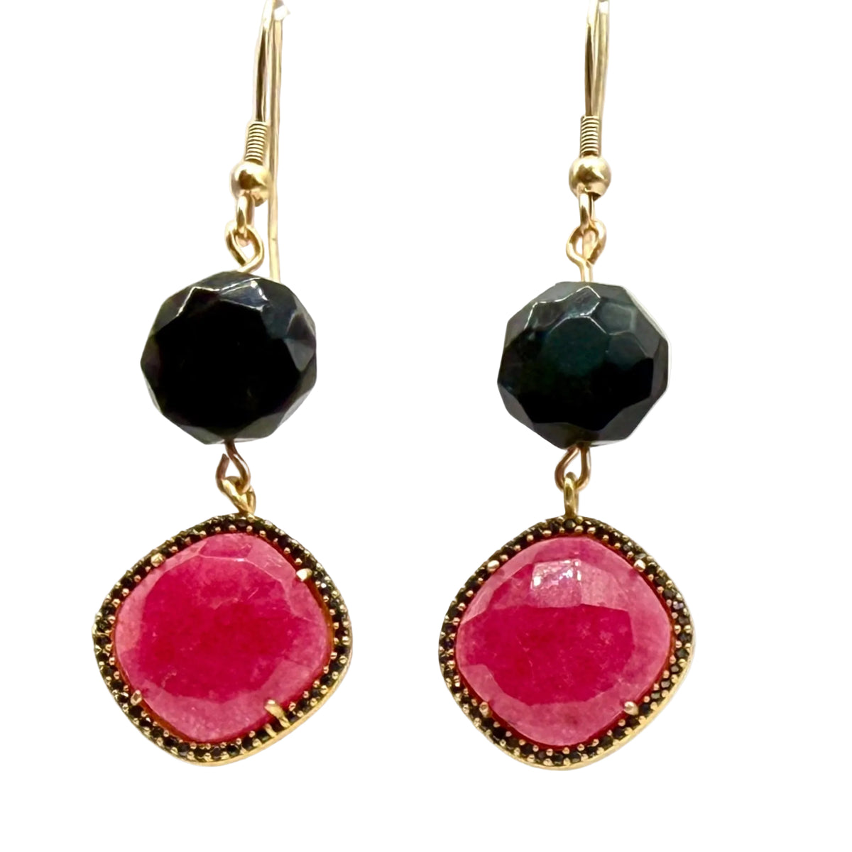 Pink Aventurine pillow Spinel Pave halo pendant and Rainbow Obsidian Earrings