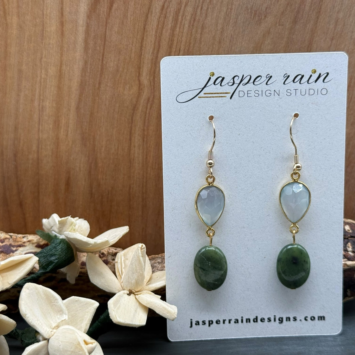 Jade and Natural Chalcedony Marquise Earrings