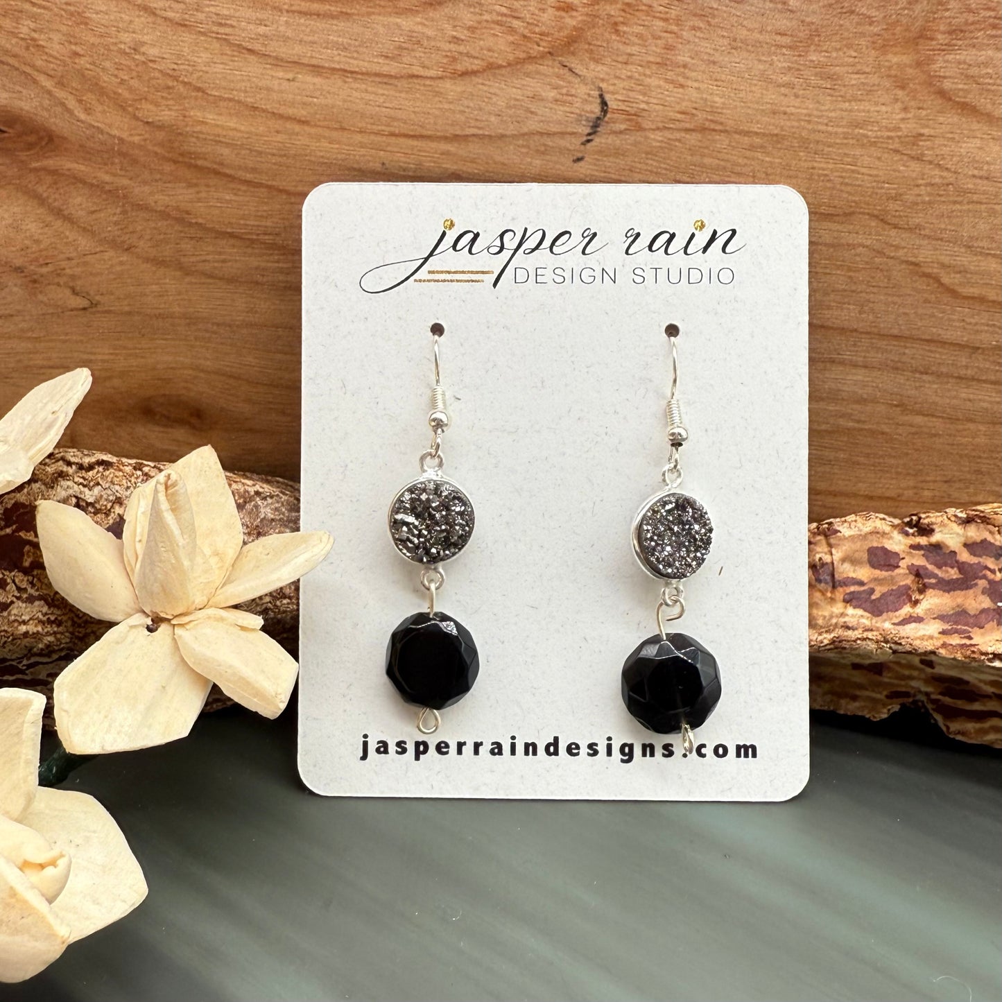 Druzy crystal and Rainbow Obsidian earrings