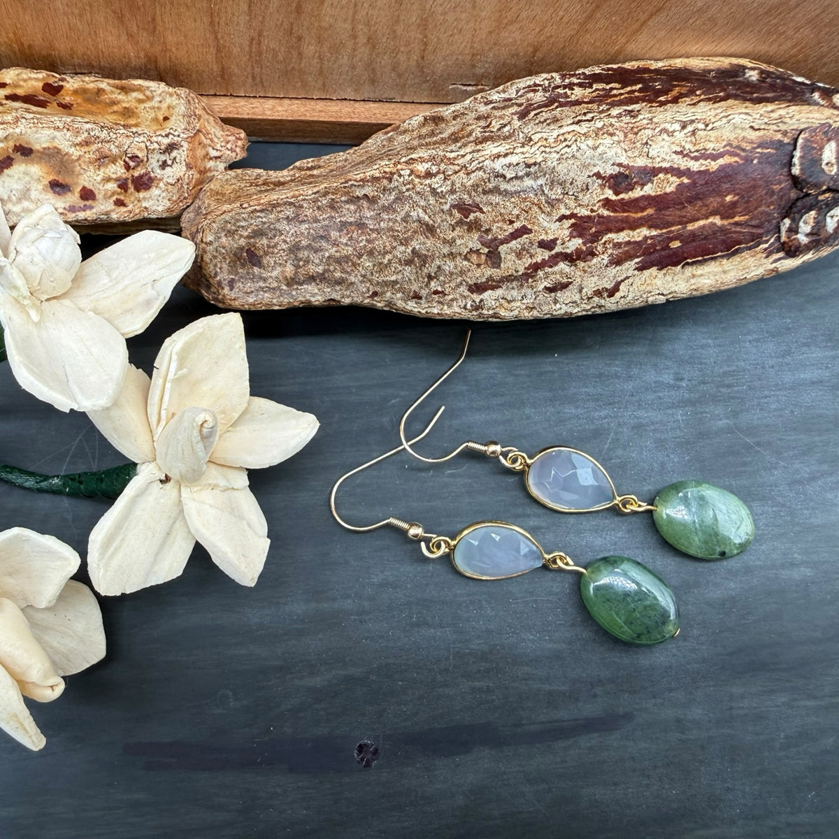 Jade and Natural Chalcedony Marquise Earrings