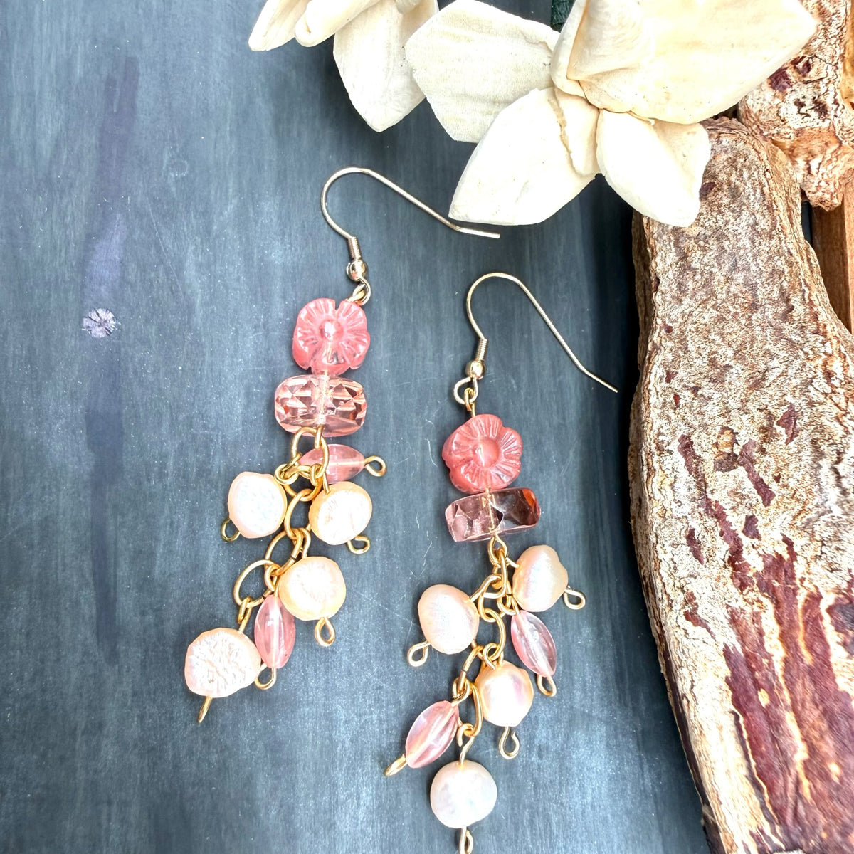 Strawberry Quartz and Peach Pearl Dangle earrings
