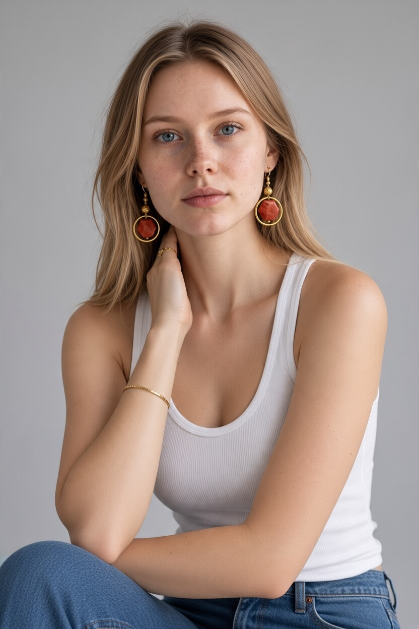Red Jasper and Gold Hoop Dangle Earrings