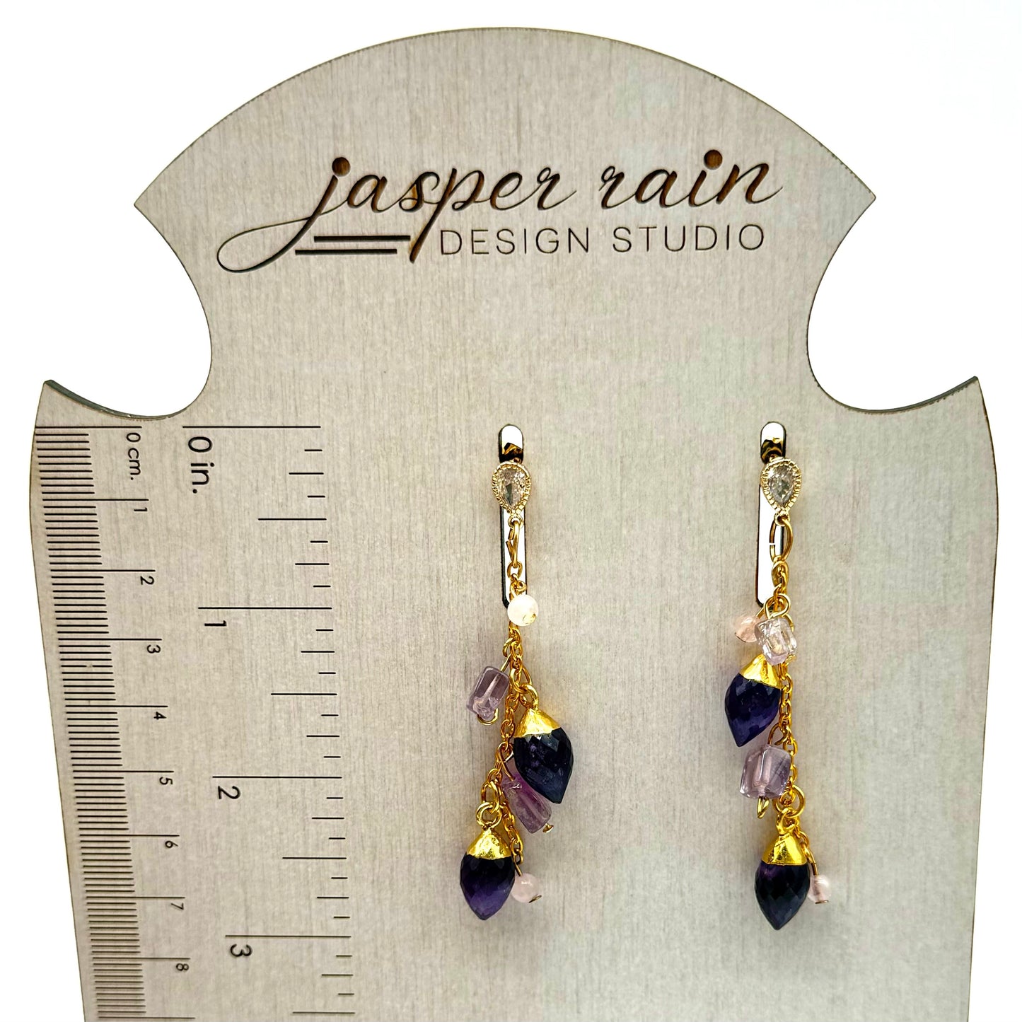 Amethyst and rose quartz dangle chain earrings