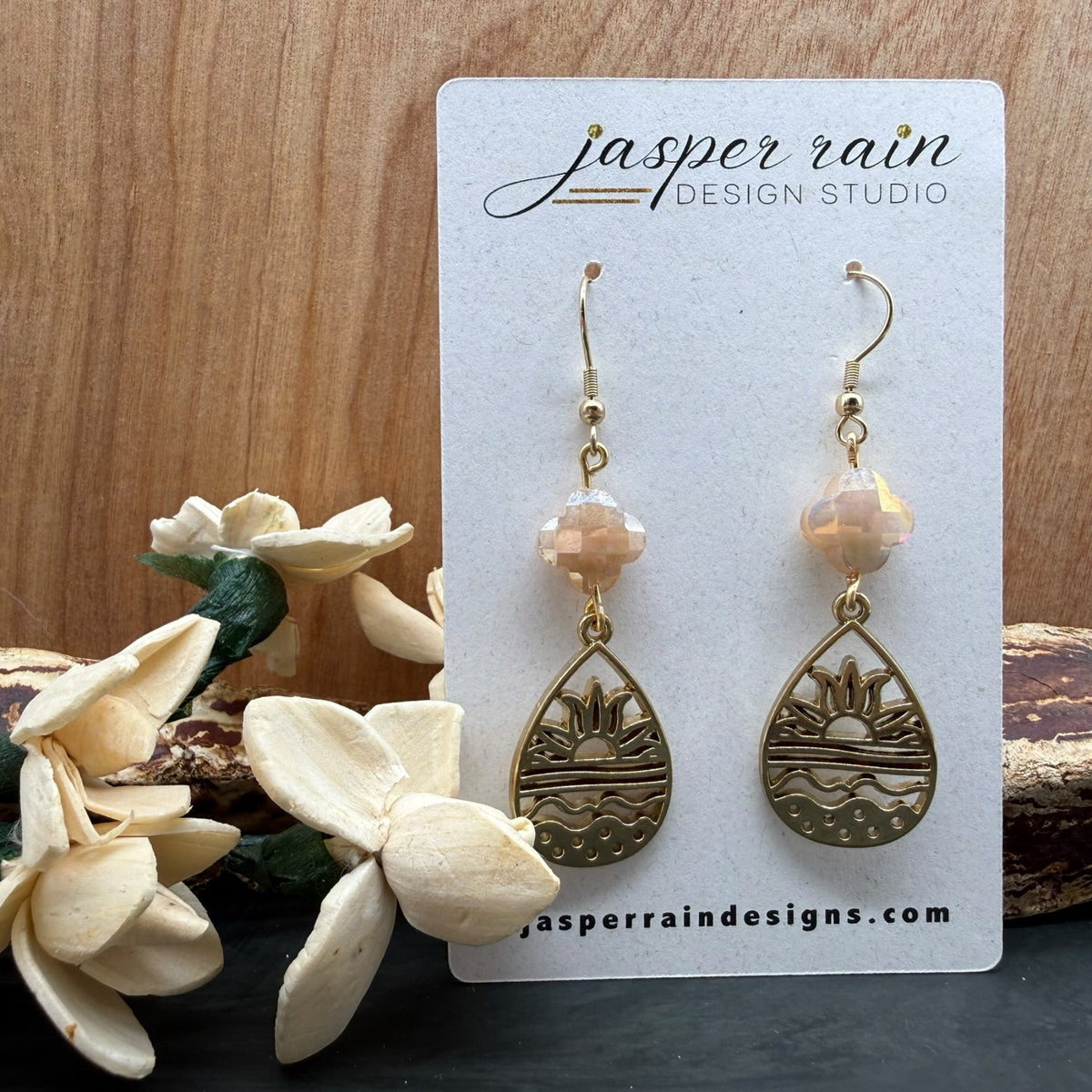 Facet Peach Glass and Gold Sun Dangle Earrings