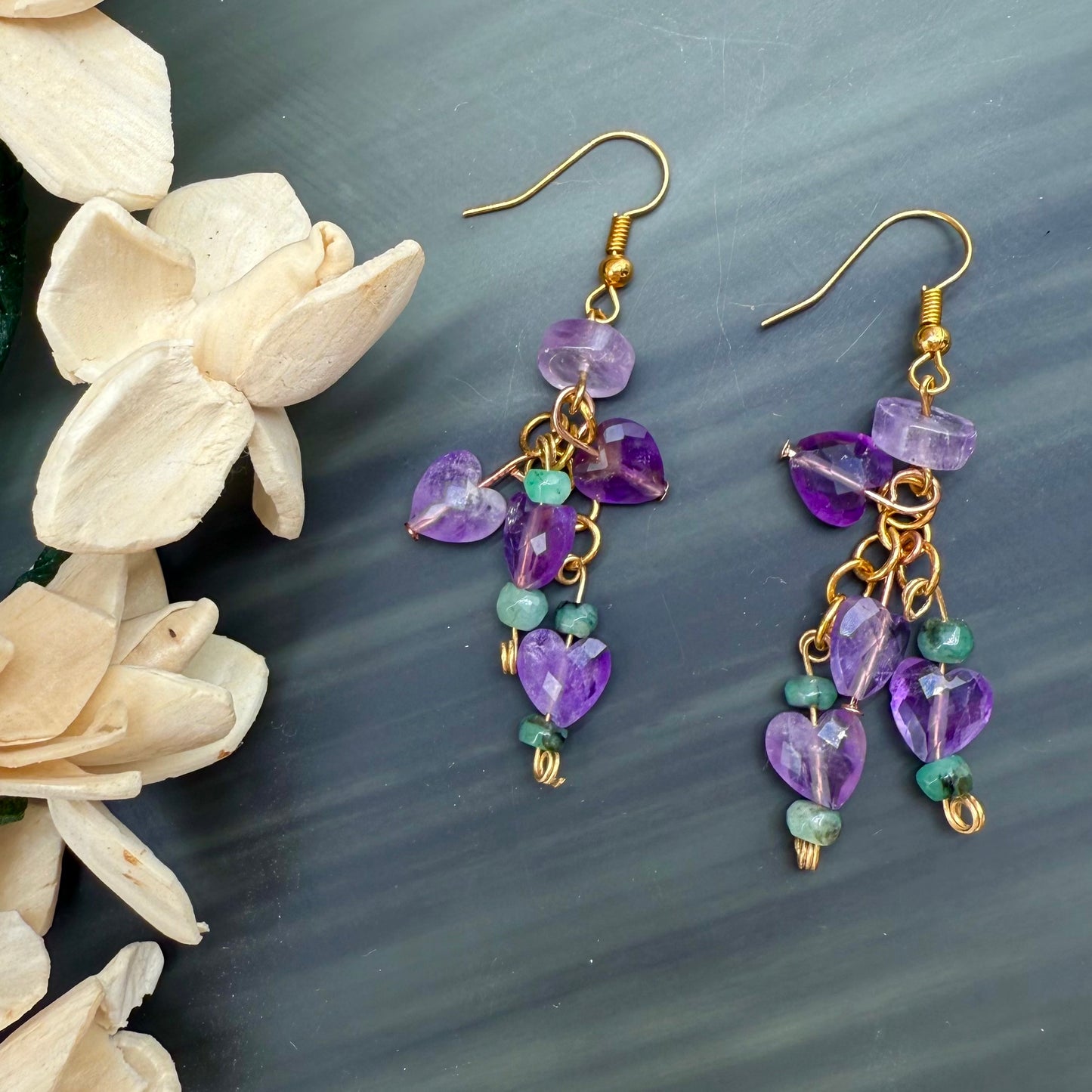 Amethyst hearts and Emerald Dangle earrings