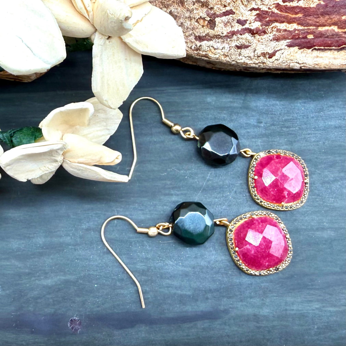 Pink Aventurine pillow Spinel Pave halo pendant and Rainbow Obsidian Earrings