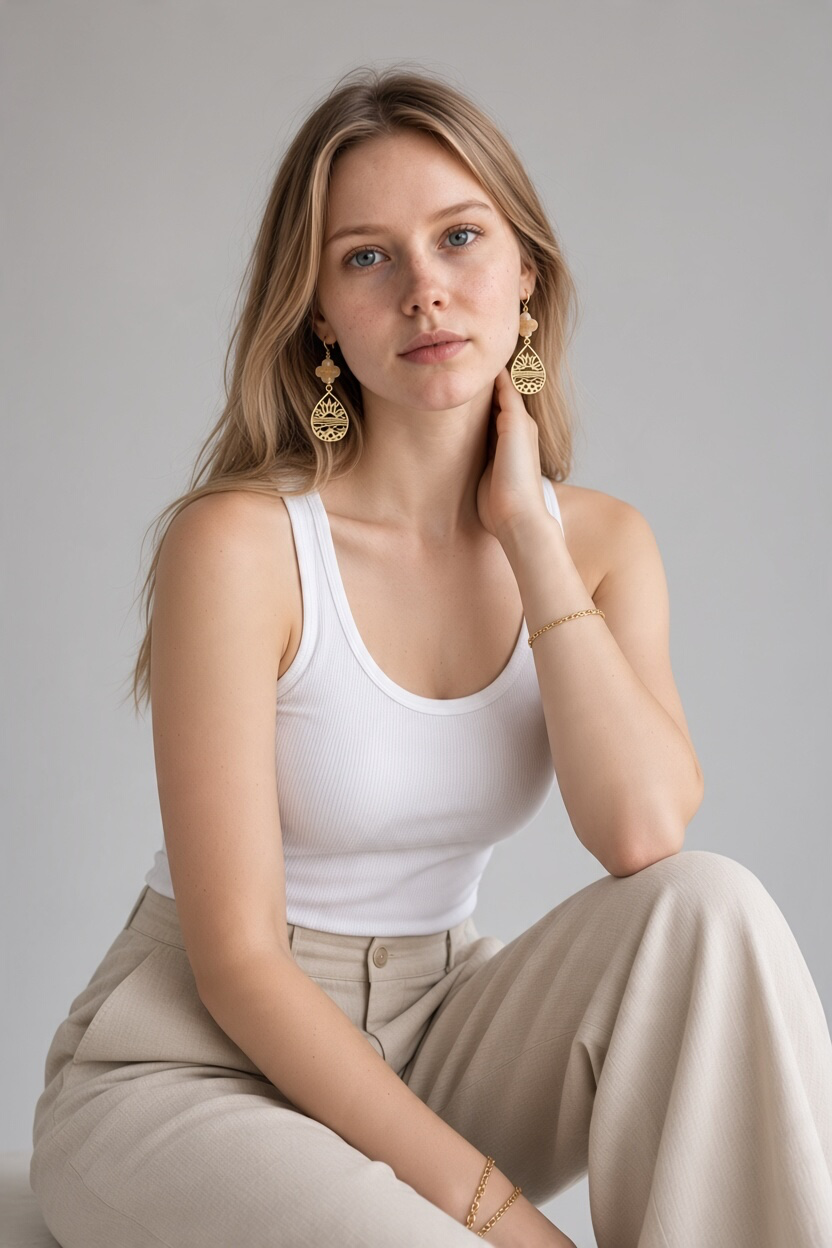 Facet Peach Glass and Gold Sun Dangle Earrings