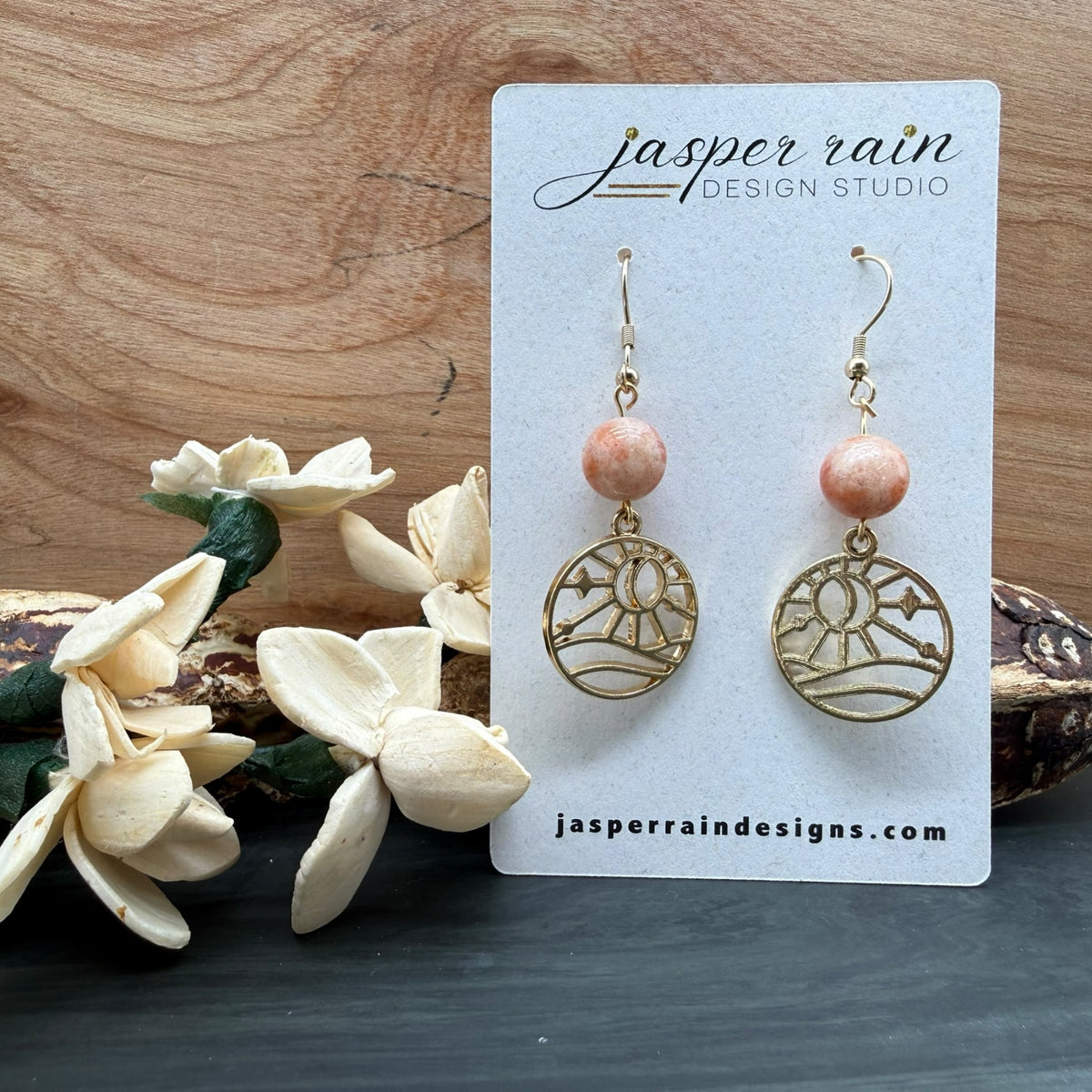 Sunstone and Gold Sun Dangle Earrings