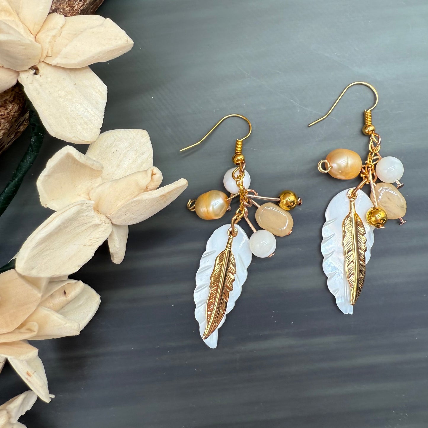 Mother of Pearl feathers and pearl earrings