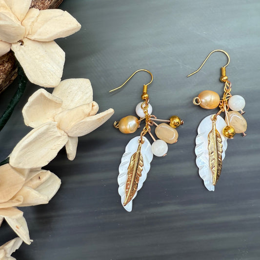 Mother of Pearl feathers and pearl earrings