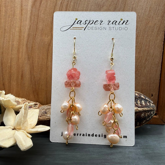 Strawberry Quartz and Peach Pearl Dangle earrings
