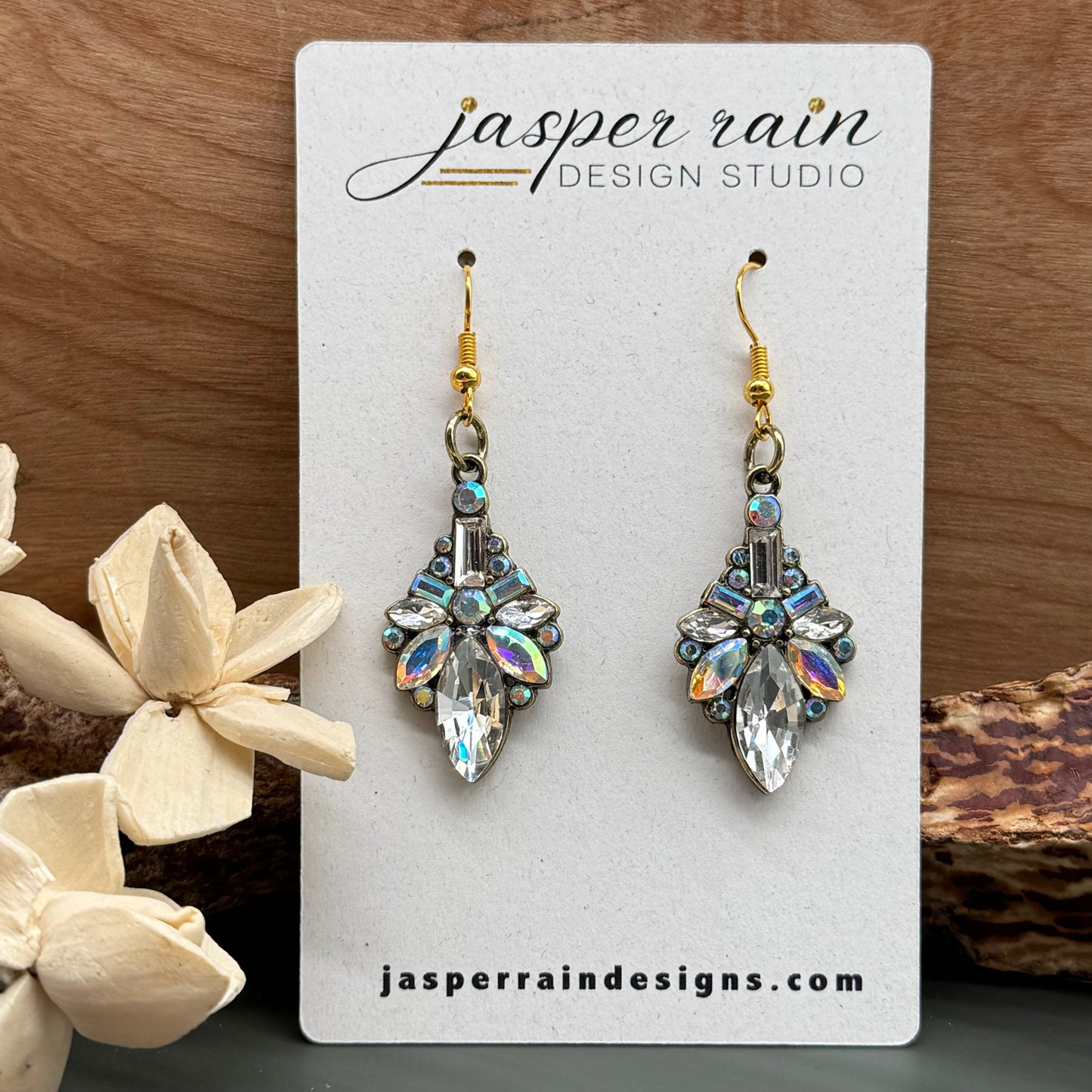 Fancy shimmering crystal earrings with gold plated earring wires