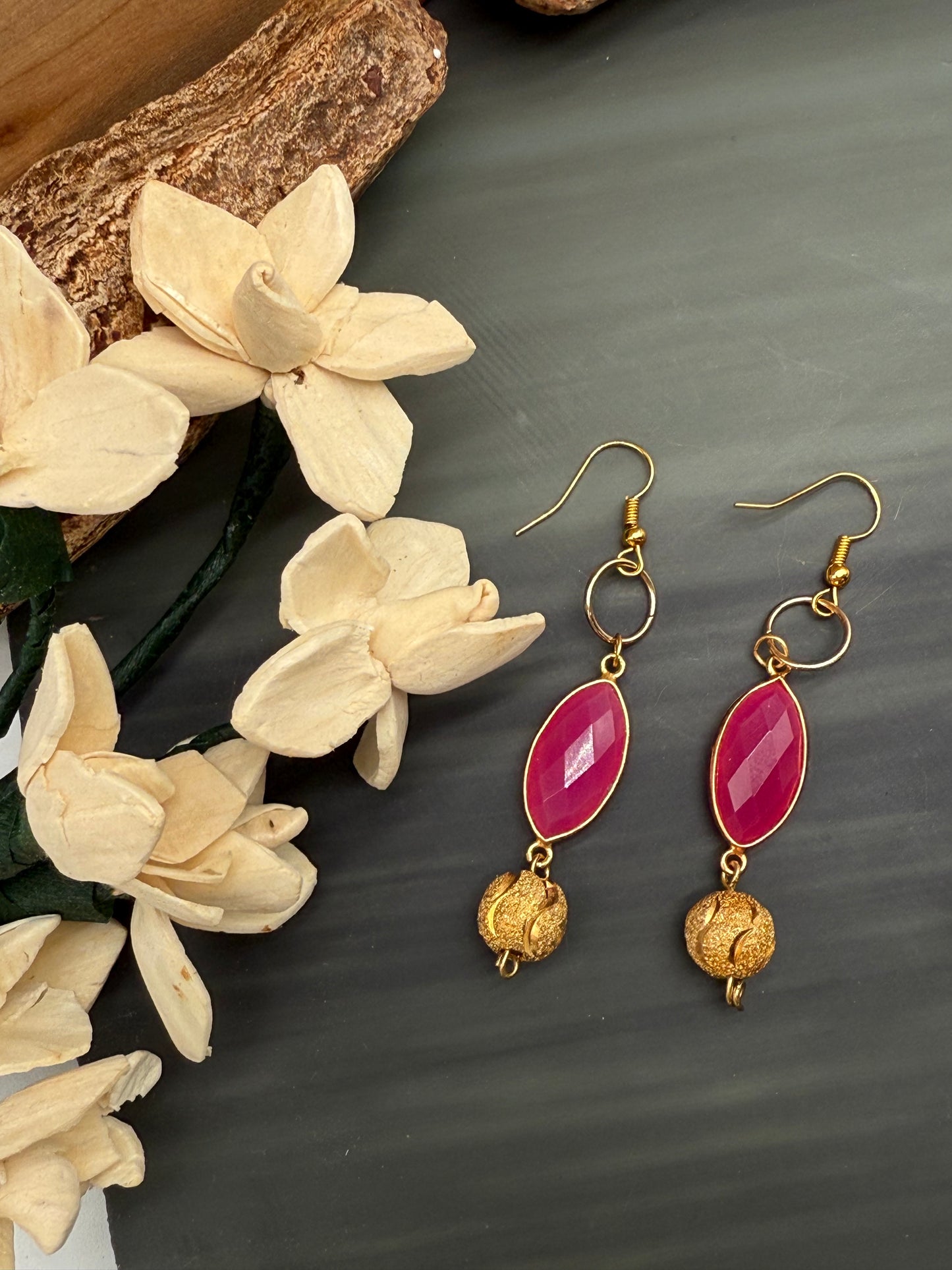 Hot Pink Chalcedony , 14K Gold bead Dangle earrings