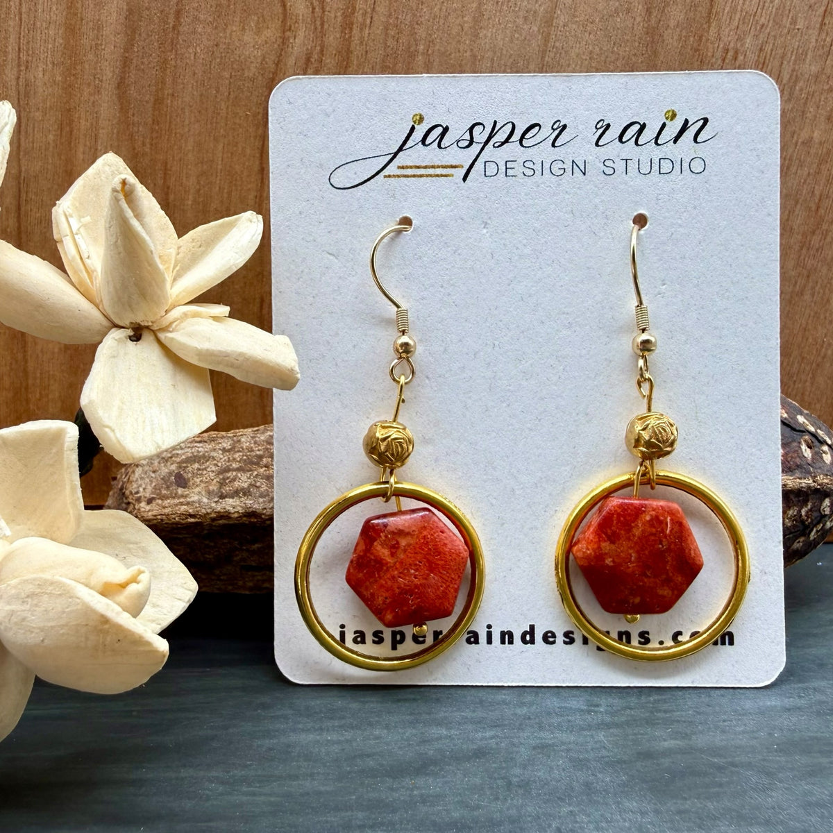 Red Jasper and Gold Hoop Dangle Earrings