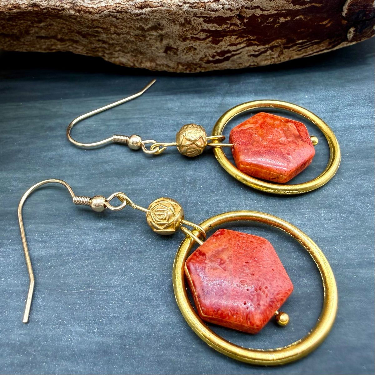 Red Jasper and Gold Hoop Dangle Earrings