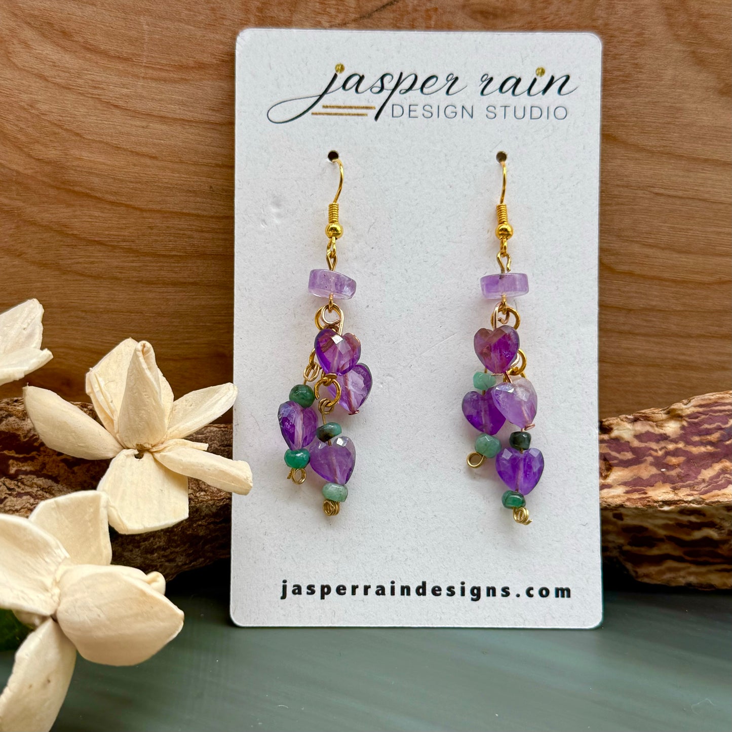 Amethyst hearts and Emerald Dangle earrings