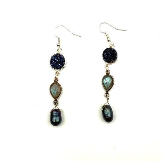 Blue Druzy crystal, laborite and freshwater pearl dangle earrings