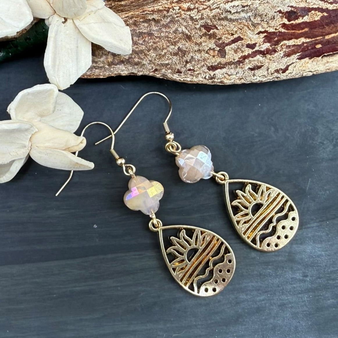Facet Peach Glass and Gold Sun Dangle Earrings