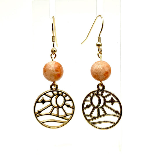 Sunstone and Gold Sun Dangle Earrings