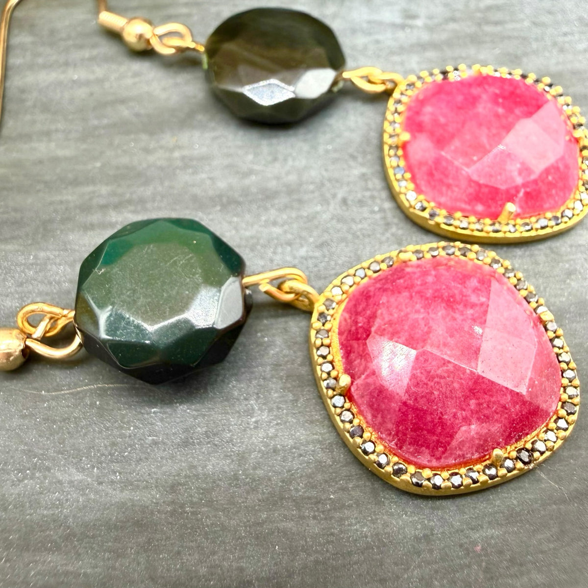 Pink Aventurine pillow Spinel Pave halo pendant and Rainbow Obsidian Earrings