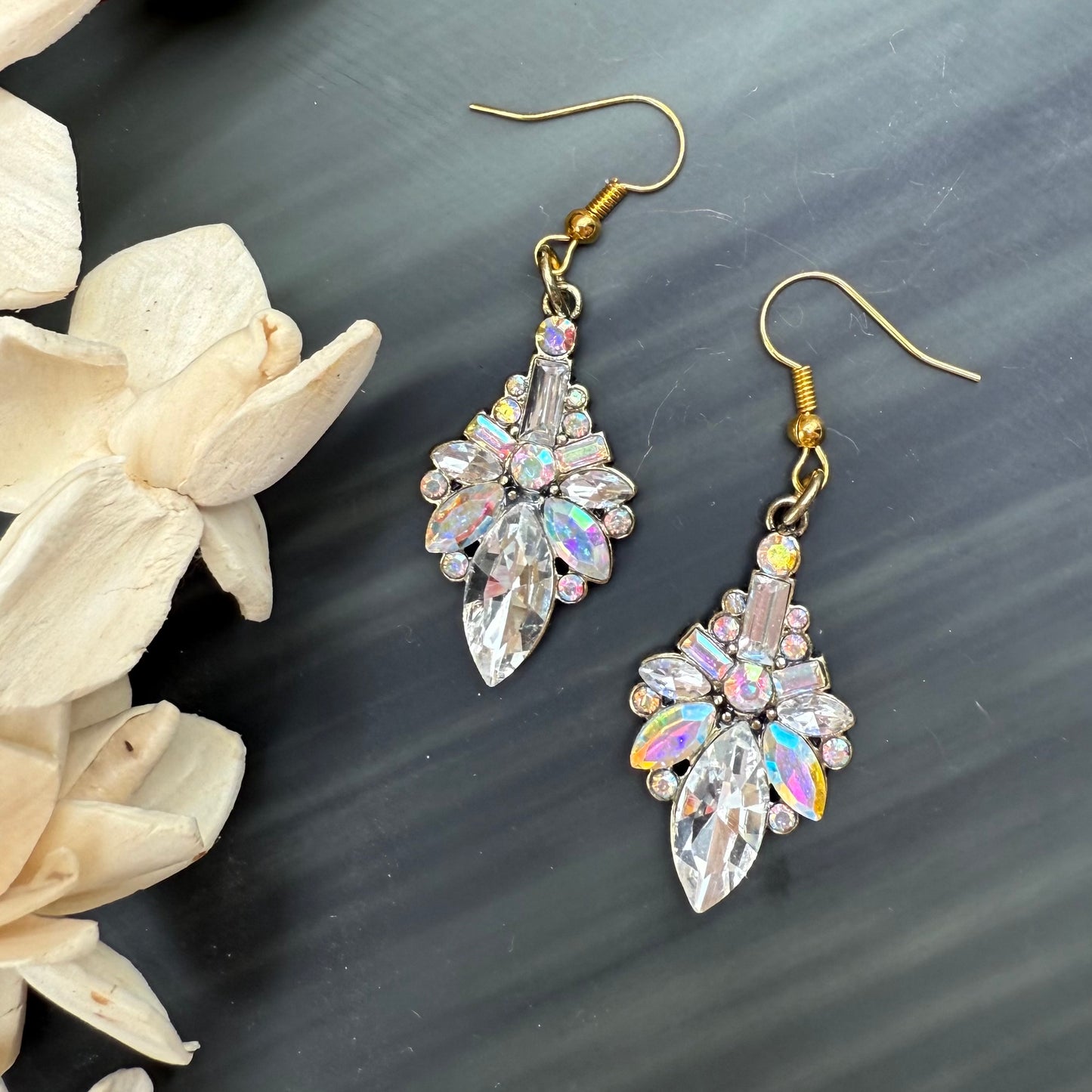 Fancy shimmering crystal earrings with gold plated earring wires