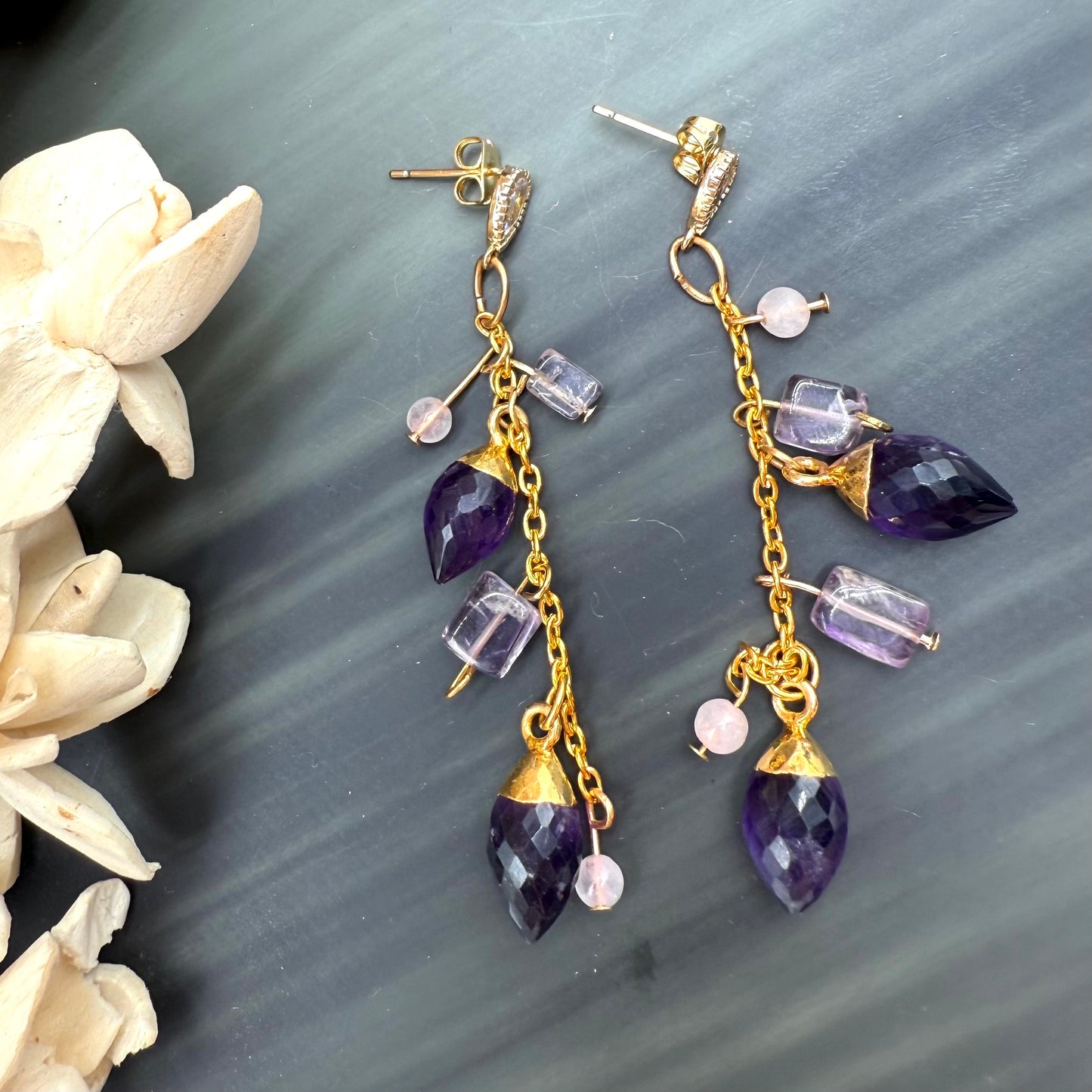 Amethyst and rose quartz dangle chain earrings