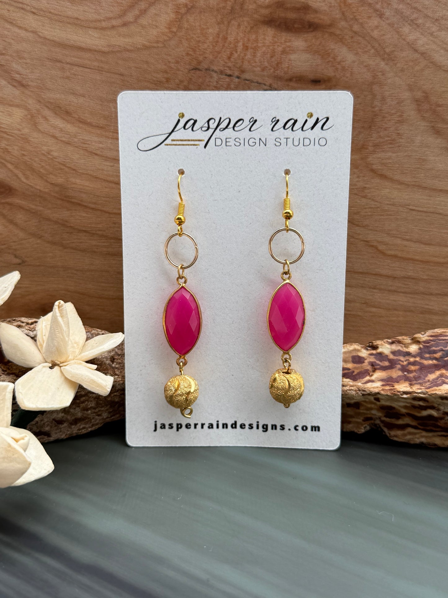 Hot Pink Chalcedony , 14K Gold bead Dangle earrings