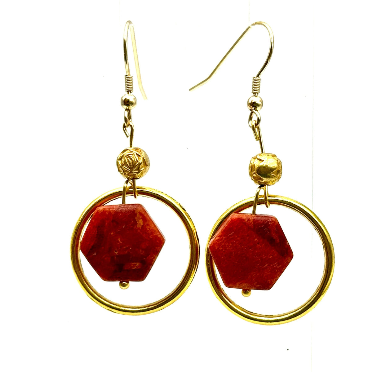 Red Jasper and Gold Hoop Dangle Earrings