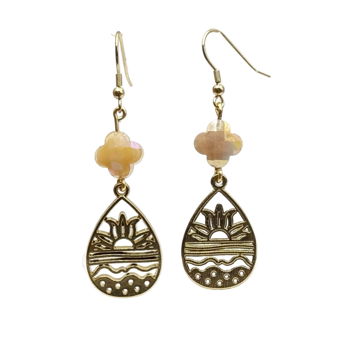 Facet Peach Glass and Gold Sun Dangle Earrings