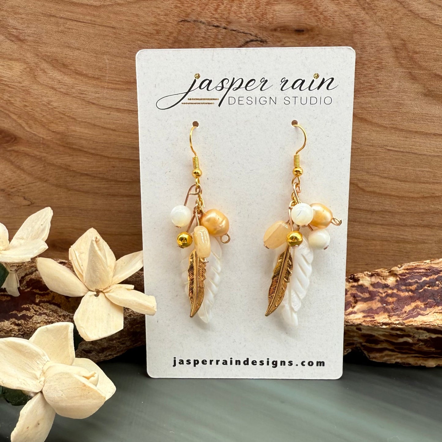 Mother of Pearl feathers and pearl earrings