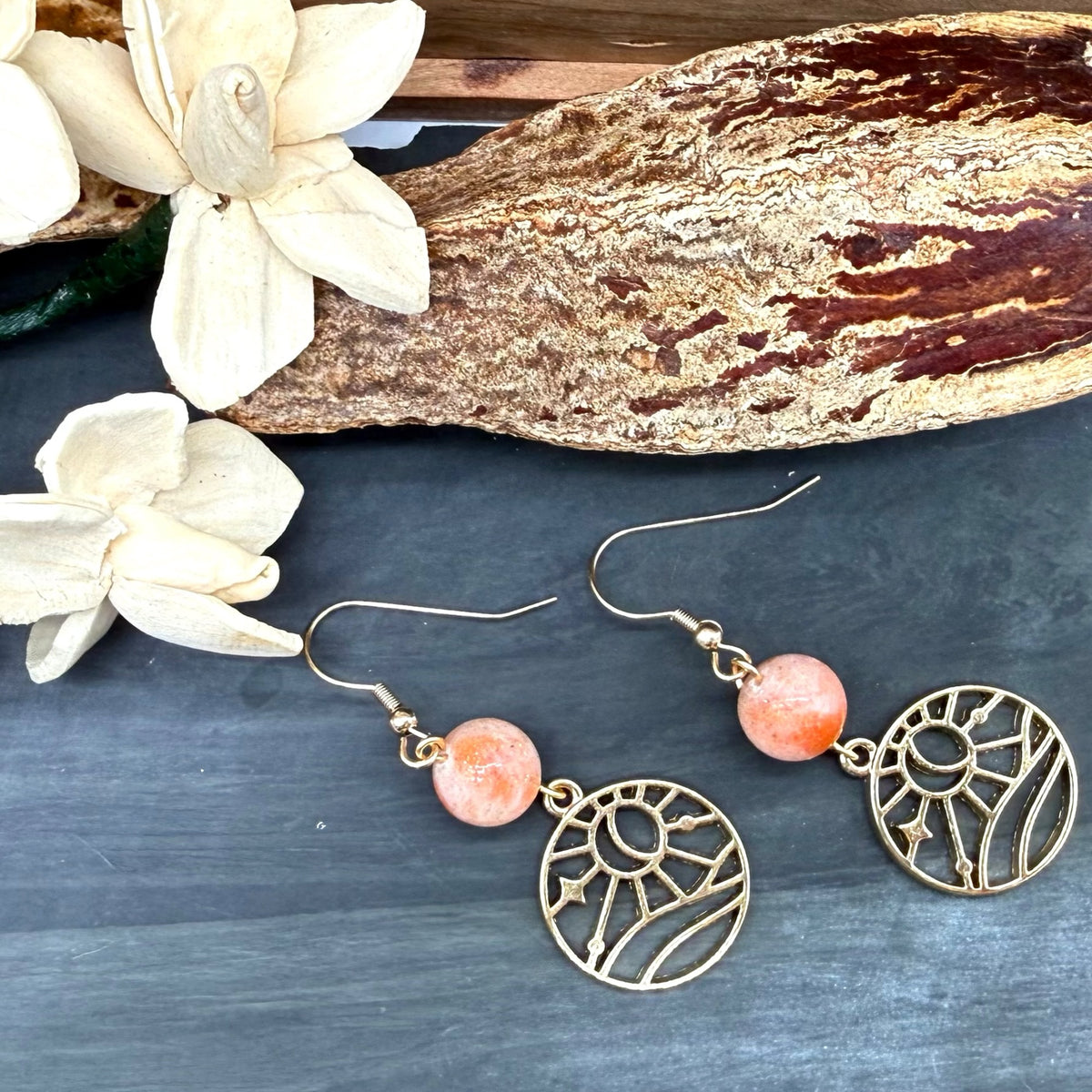 Sunstone and Gold Sun Dangle Earrings