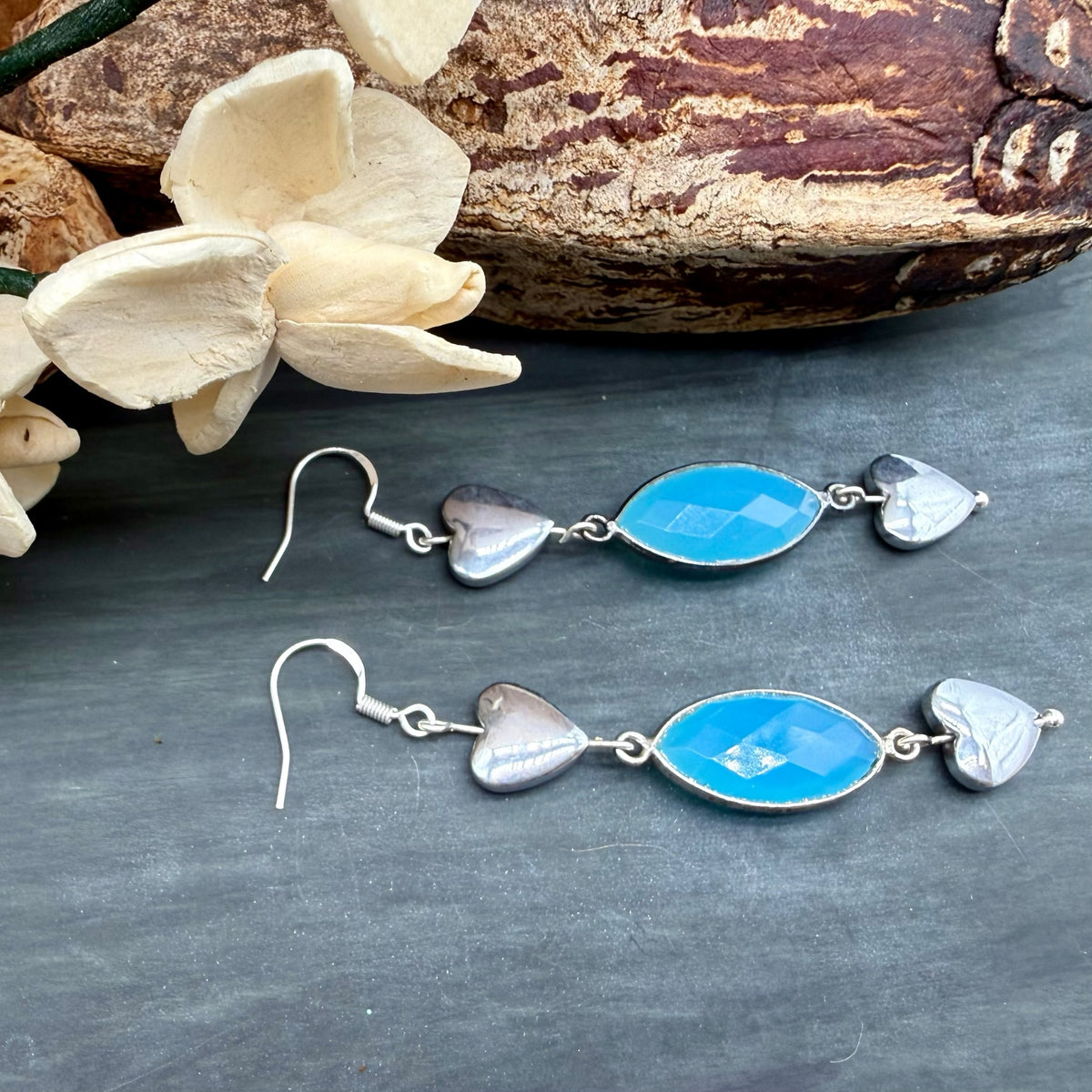Blue Chardonnay Heart Dangle Earrings