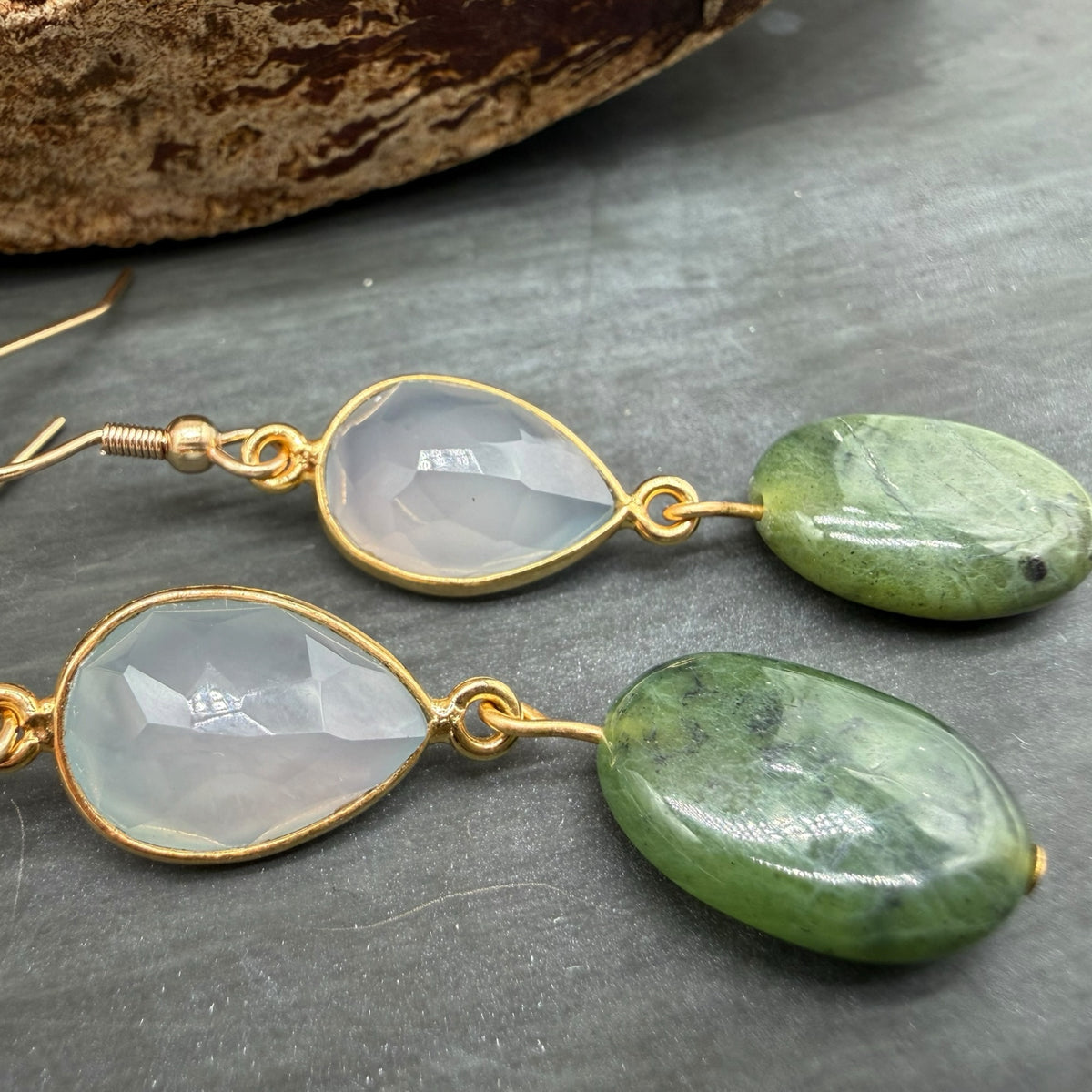 Jade and Natural Chalcedony Marquise Earrings