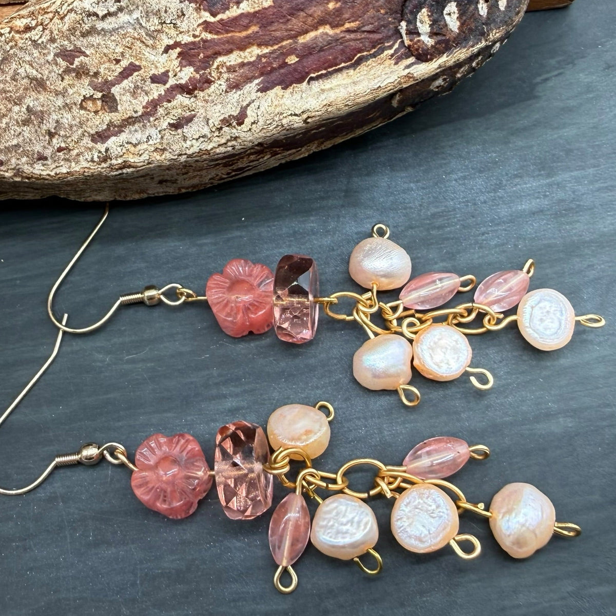 Strawberry Quartz and Peach Pearl Dangle earrings