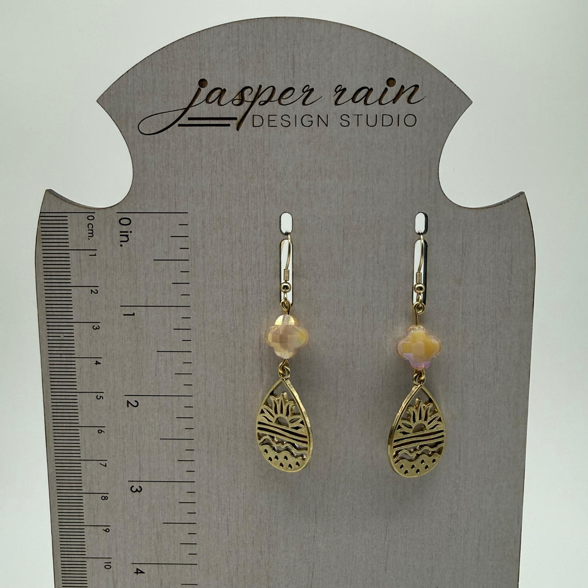 Facet Peach Glass and Gold Sun Dangle Earrings