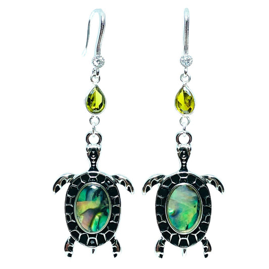 Silver Sea Turtle Charm earrings with Abalone and Peridot on silver plated hooks