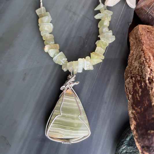 Hand wire wrapped Banded Agate cabochon with Prehnite chips and stainless steel beaded necklace. Handmade gemstone necklace. One-Of-A-Kind
