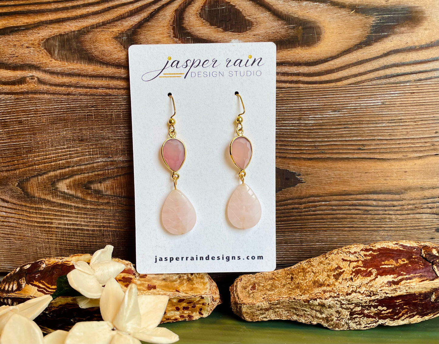 Chalcedony Vermeil and rose quartz earrings