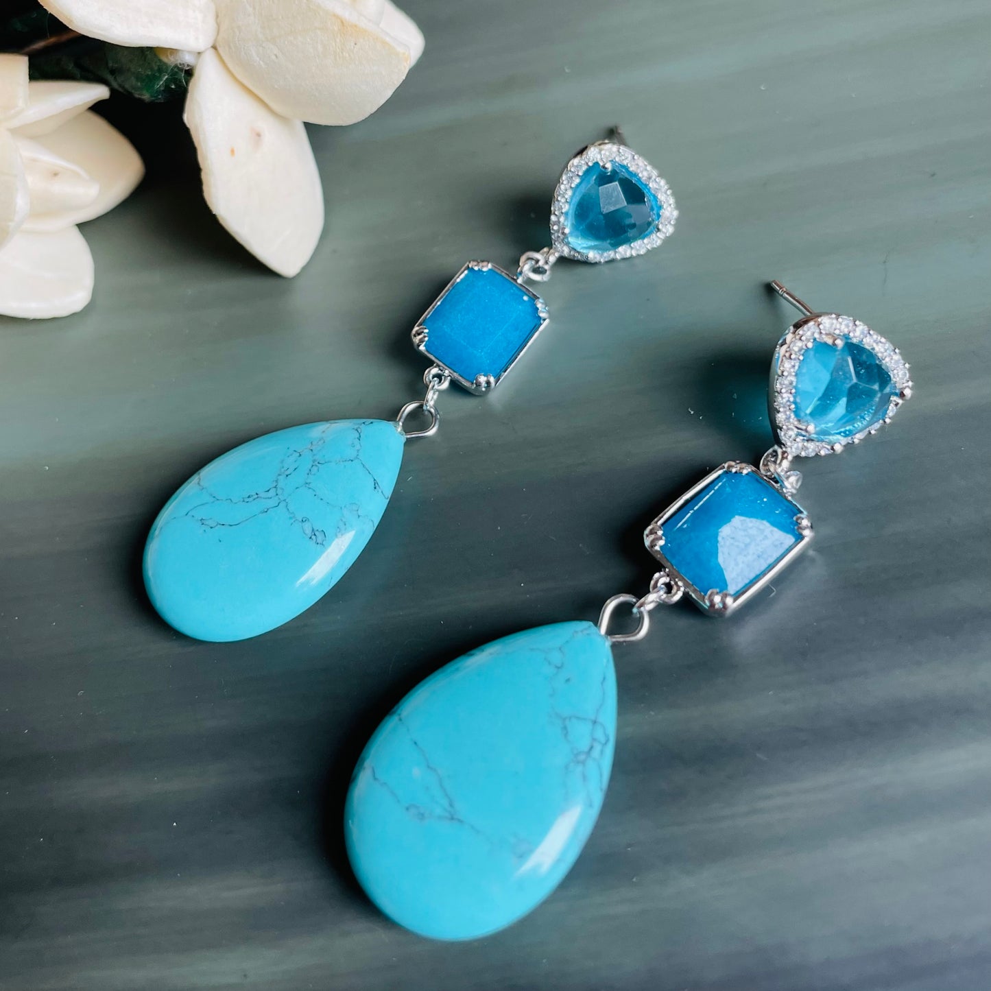 Turquoise Howlite teardrops with chalcedony, topaz and cubic zircon stud earrings