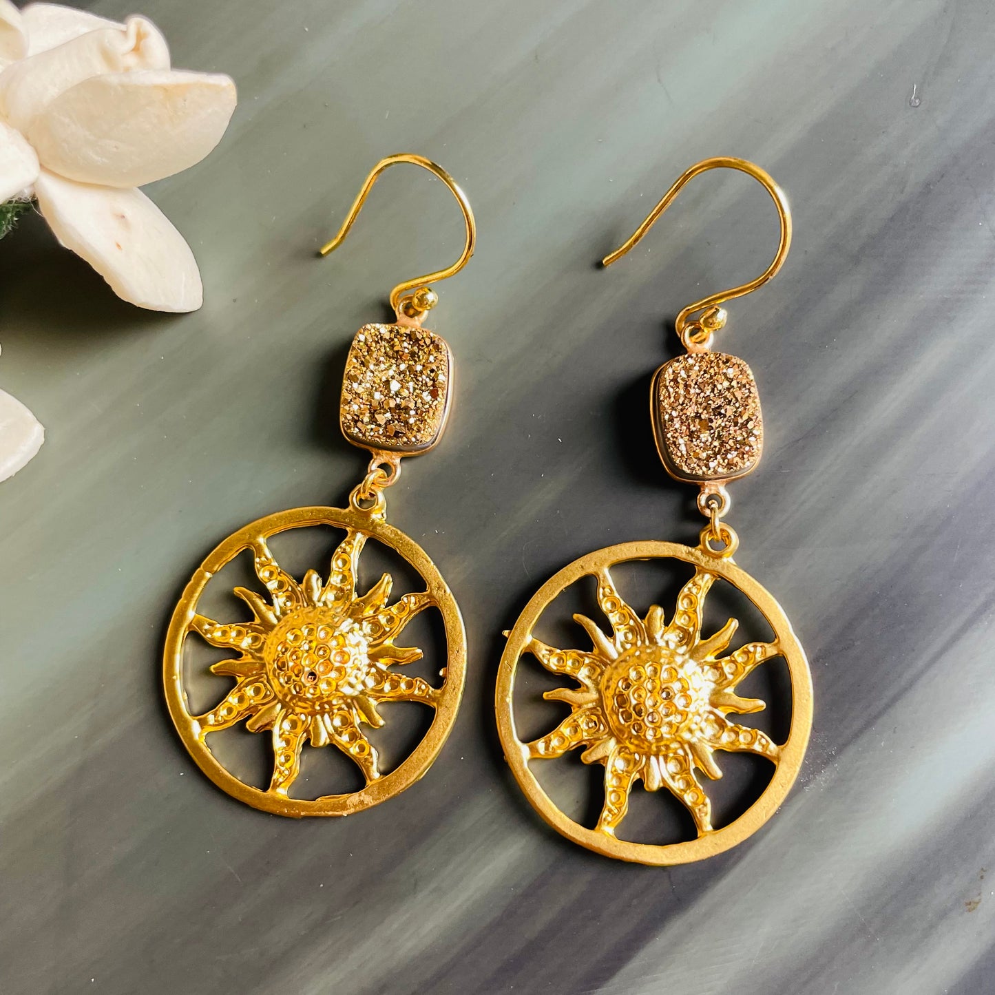 Golden druzy gemstone and Turkish golden sun charm earrings