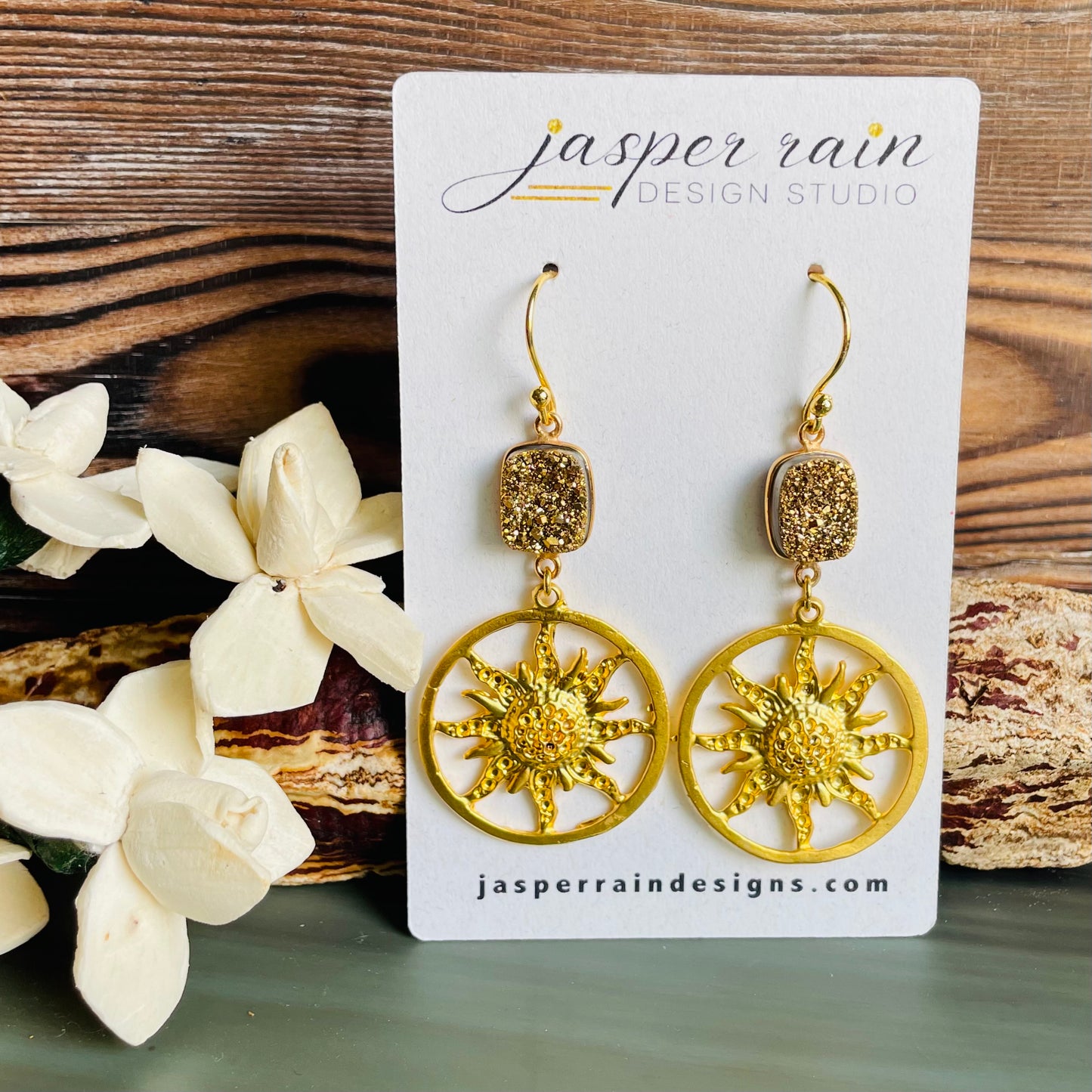 Golden druzy gemstone and Turkish golden sun charm earrings