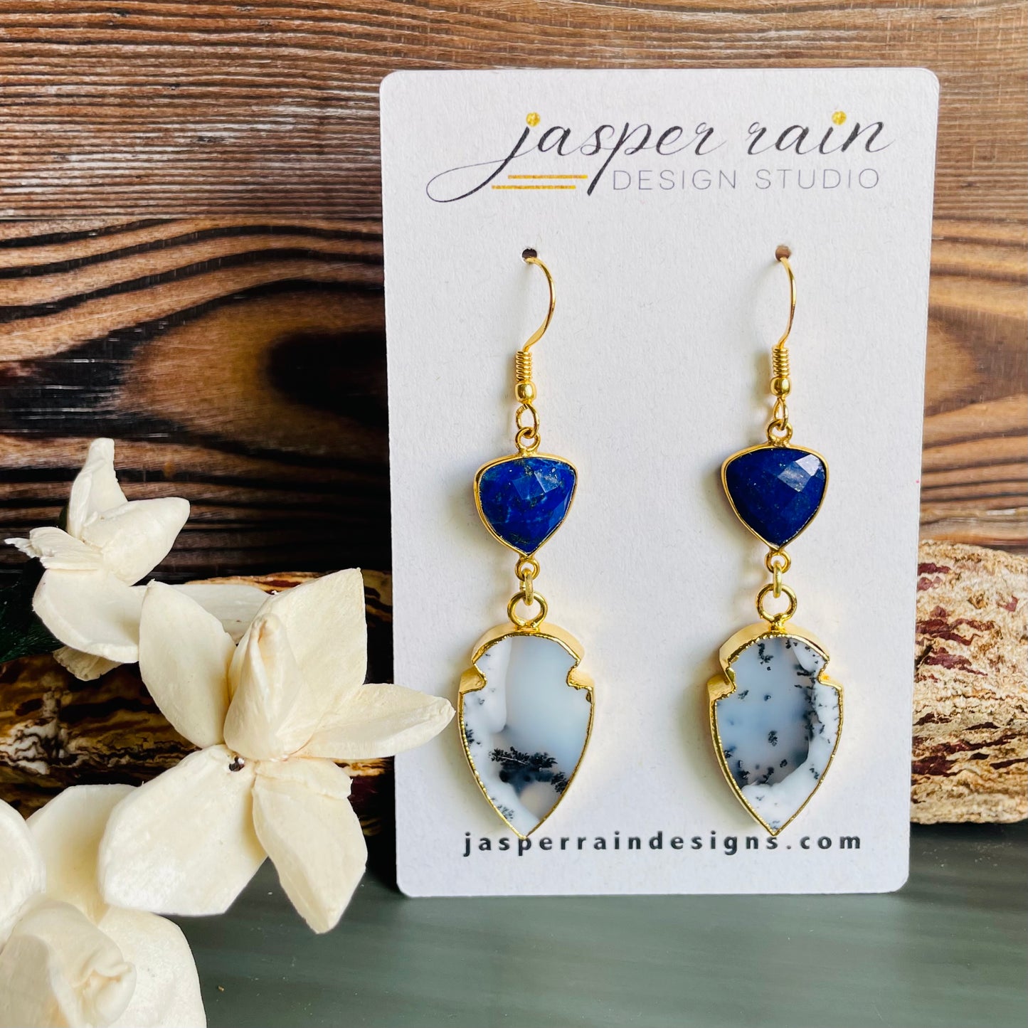 Polished Dendrite Opal arrowheads and Lapis Lazuli earrings