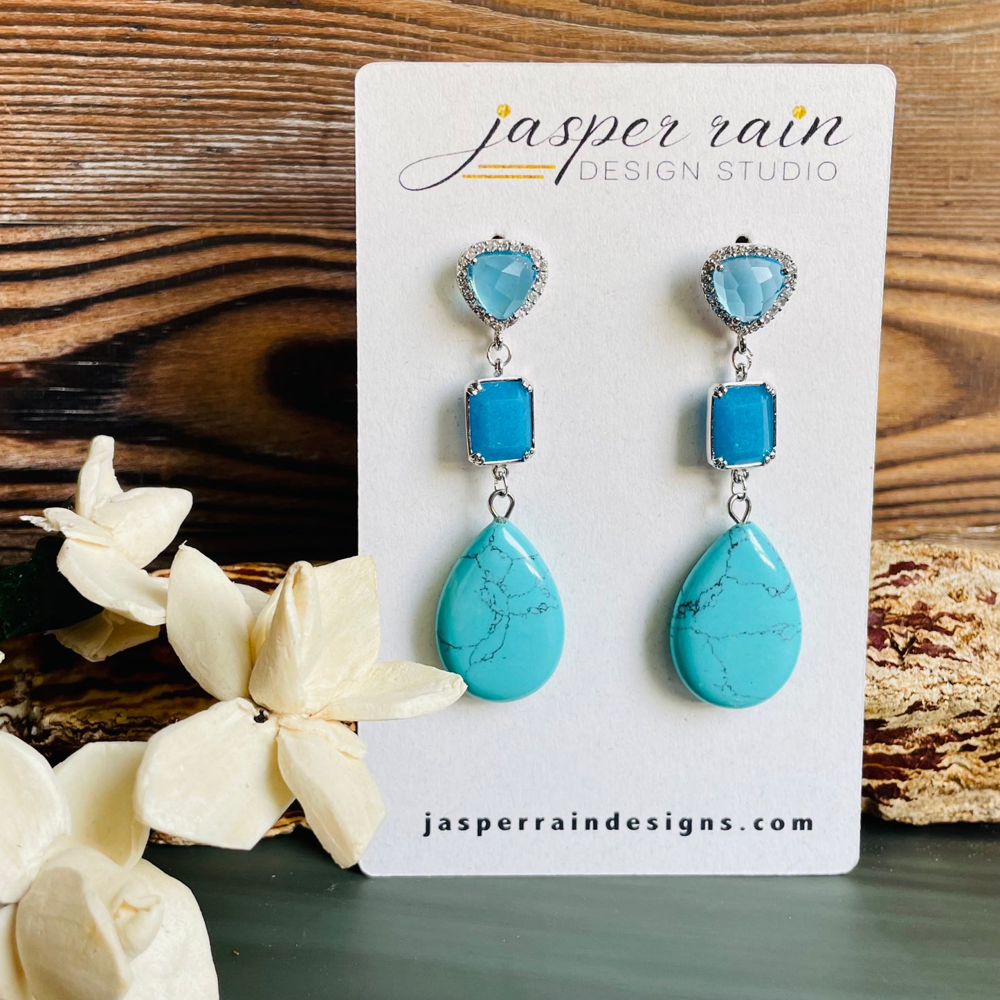 Turquoise Howlite teardrops with chalcedony, topaz and cubic zircon stud earrings