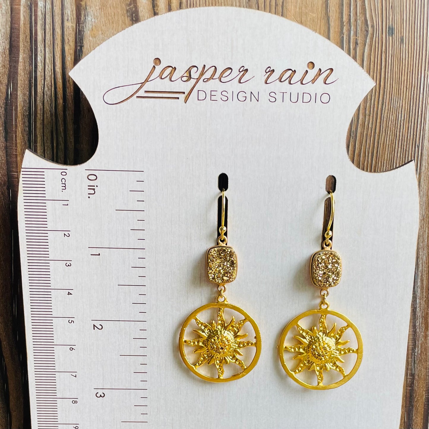 Golden druzy gemstone and Turkish golden sun charm earrings