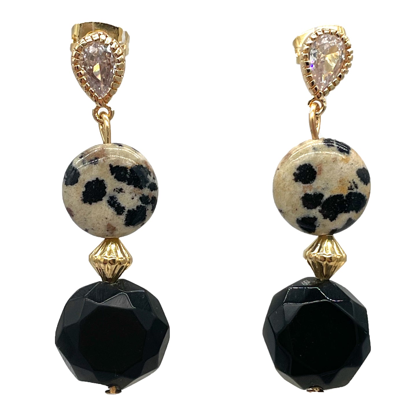 18K Cubic Zirconia, Dalmatian jasper and Obsidian post earrings